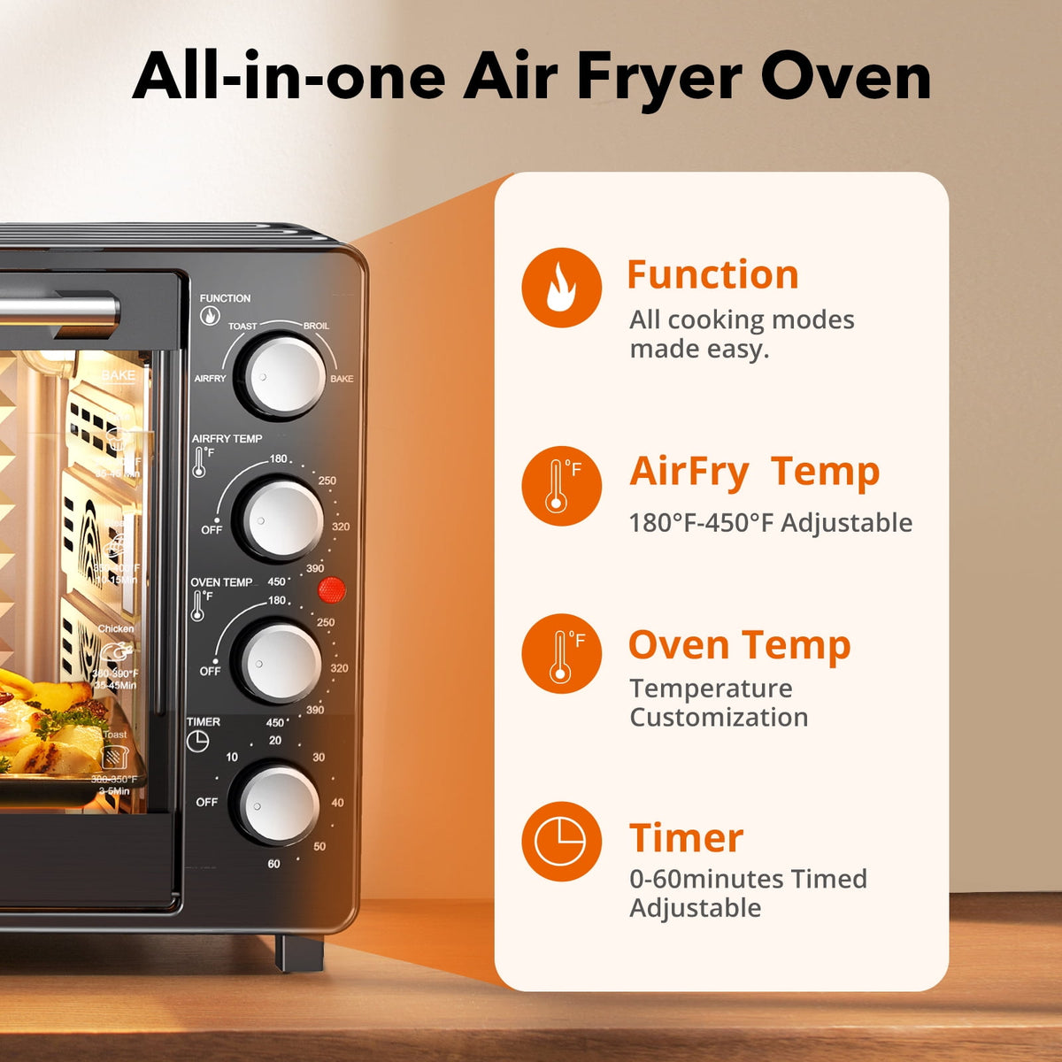 34 QT Super-Large Air Fryer, Electric Toaster Oven Countertop, Pizza, Warm, Broil, Toast, Bake, Air Fry, 1500W, 5 Functions, 85% Oil-Less