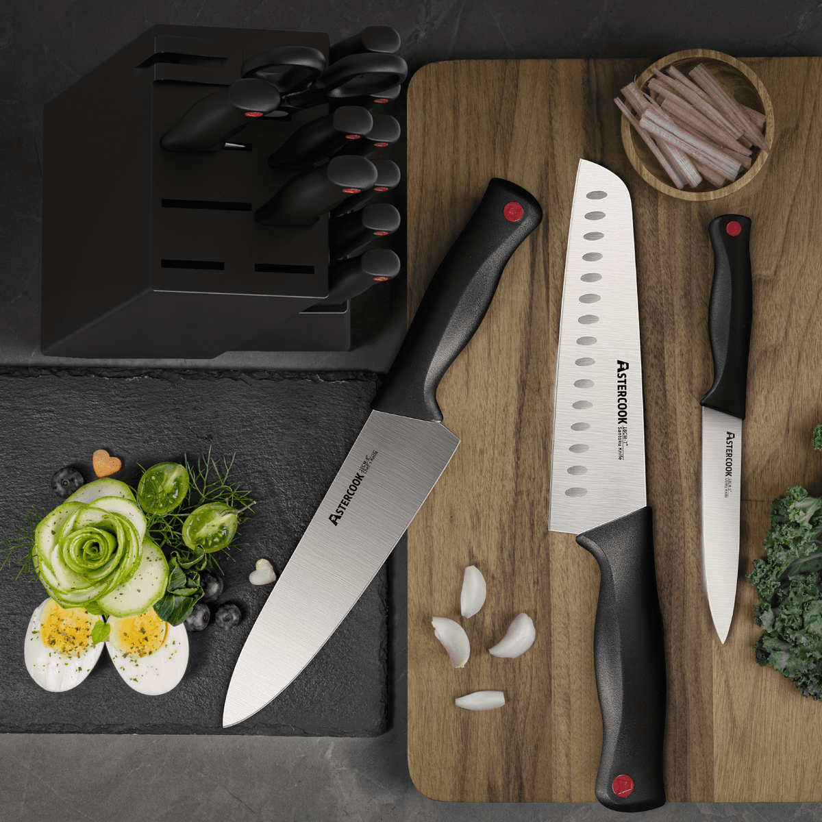 Astercook 15-Piece Kitchen Knife Set, Knives Block Set with Built-in Sharpener, Healthy Anti-Rust Coating & German Stainless Steel Knife Set, Dishwasher Safe Black