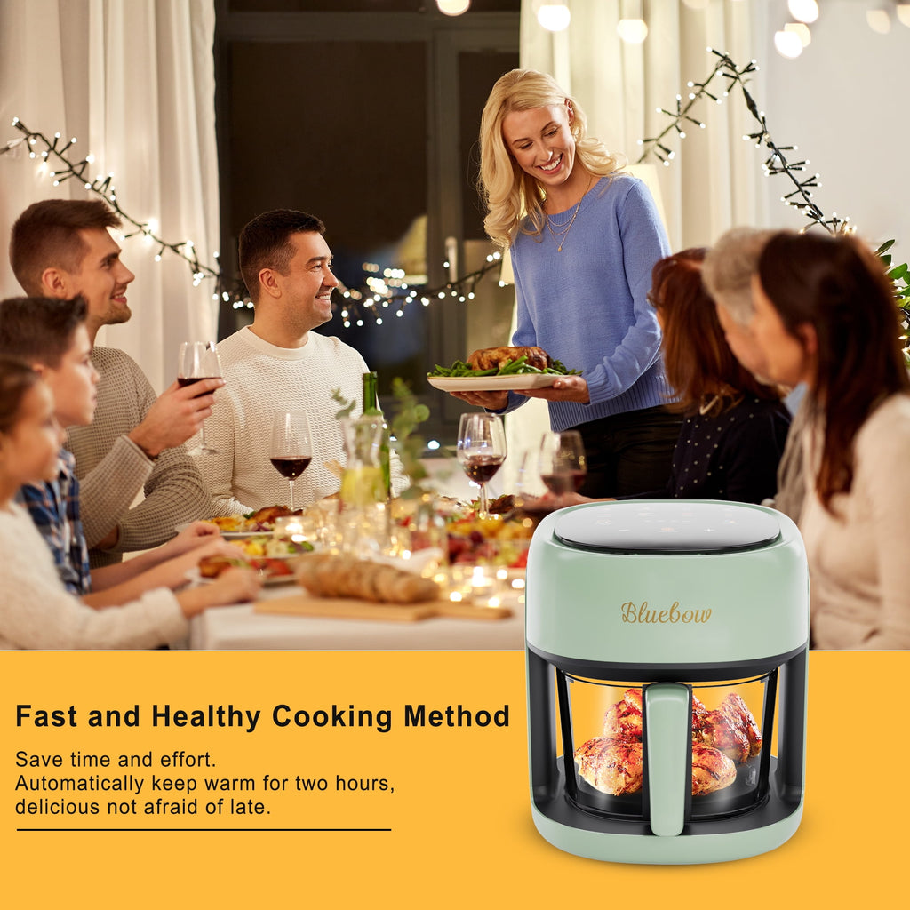 Bluebow 5 Quart Air Fryer with 360° Viewing Glass Pot, 8-in-1 Digital Touchscreen, Nonstick & Dishwasher Safe Basket, Less Oil, 1350W (White)
