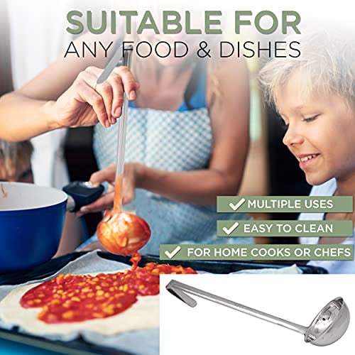 [2 Pack] 6 Oz Stainless Steel Soup Ladle - One-Piece Sauce Spatula with Hook Handles, Commercial Grade Serving Spoon, Kitchen Tool for Restaurant or Home Cooking, Mirror Finish, 14.25" Long