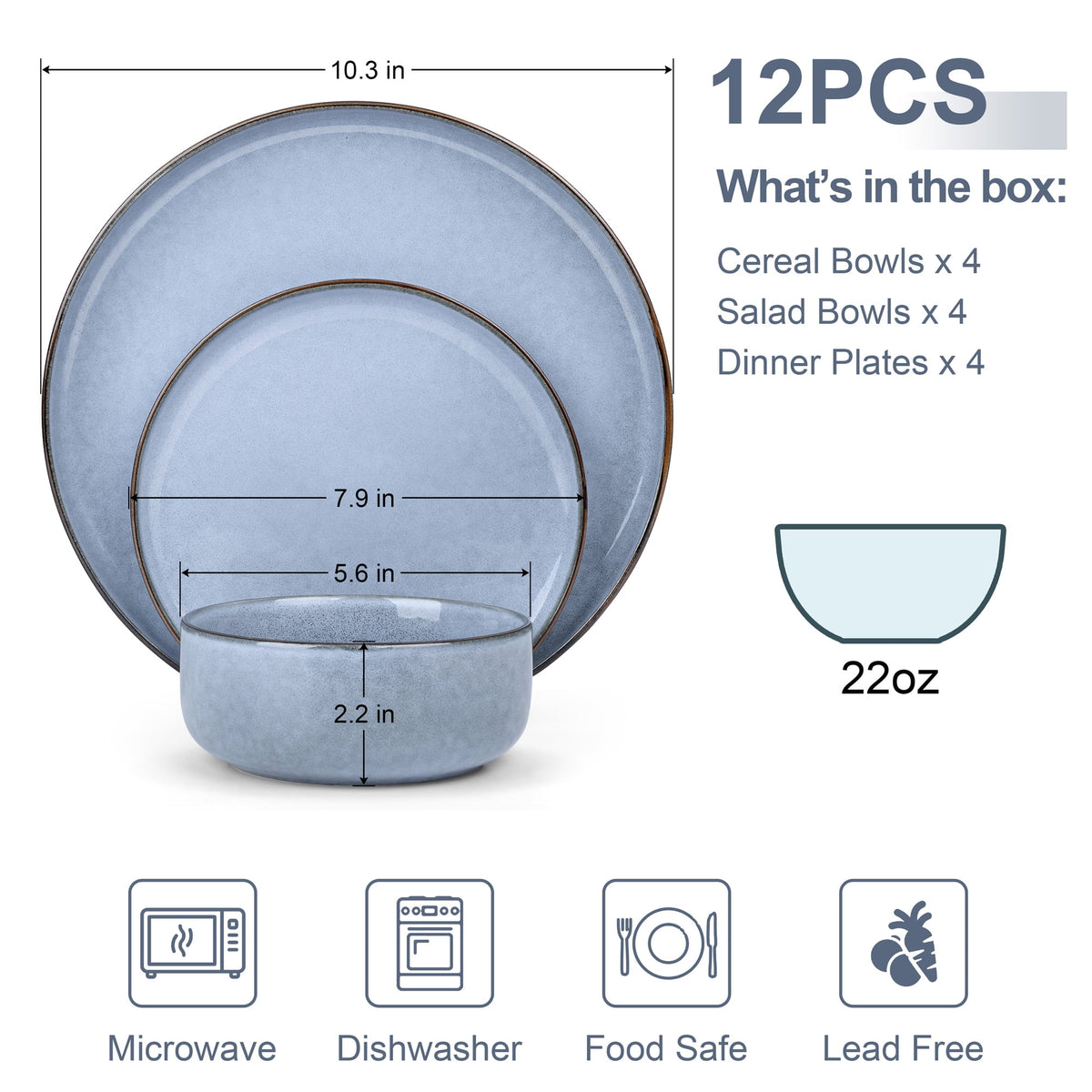 Vesteel Dinnerware Sets for 4, 12-Piece Stoneware Dish and Bowls Set, Handmade Reactive Glaze Coupe Plates Set for Family, Chip & Scratch Resistant - Matte Black