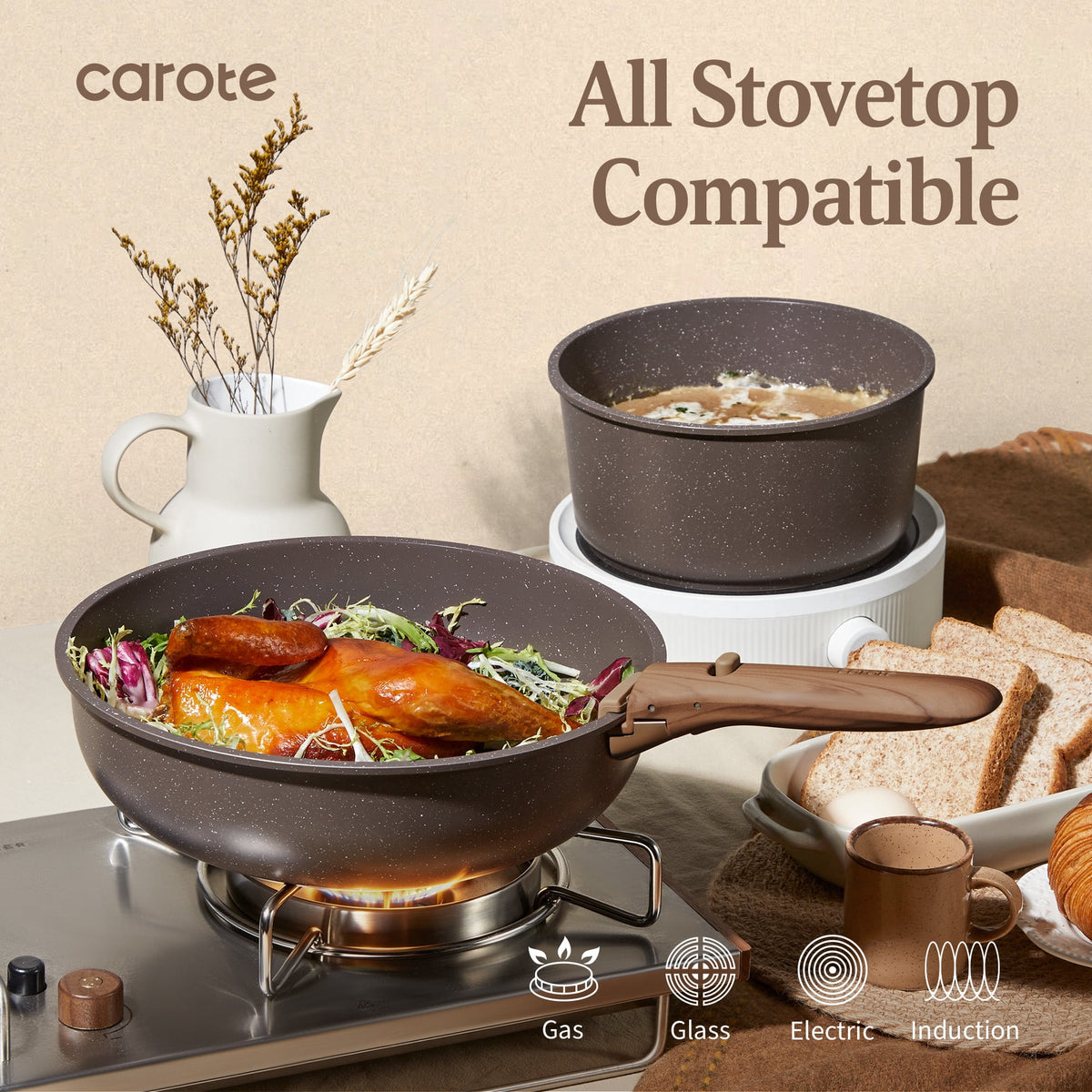 CAROTE 23-Piece Nonstick Pots and Pans, Granite Cookware Set with Detachable Handle, Induction Compatible, Oven & Dishwasher Safe, Brown