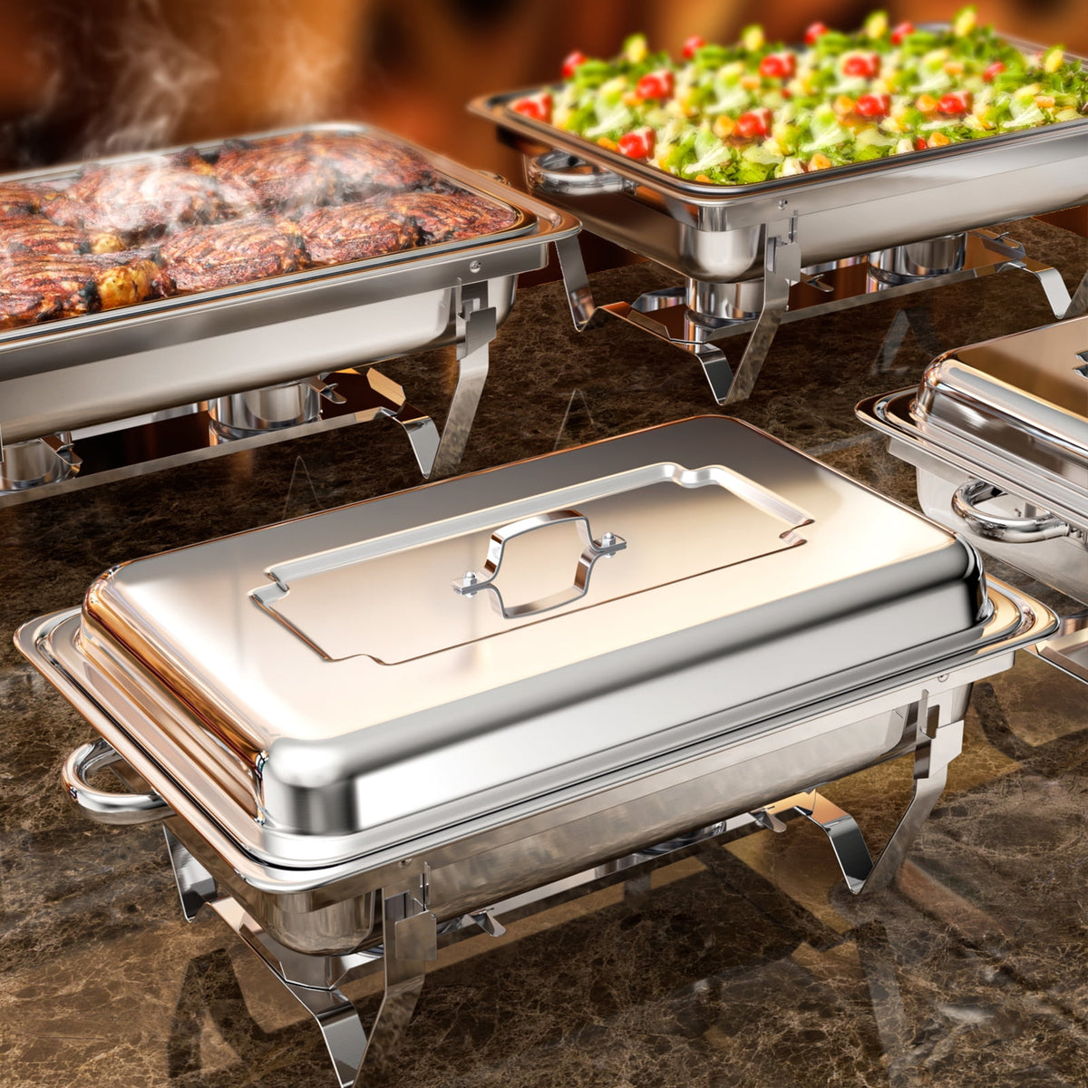 Jacgood 5 Pack Chafing Dish Buffet Set 8Qt. Foldable Rectangular Chafer Set, Stainless Steel Catering Warmer Set W/Full Size Water Pan, Food Pan, Fuel Holder for Cooked Food Insulation