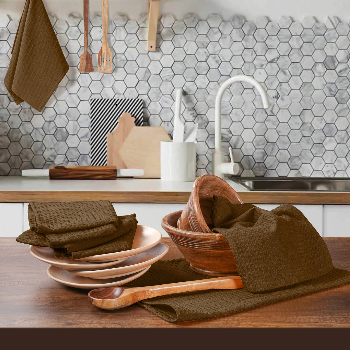 Twiny Threads Waffle Kitchen Towel 16"x26" Set of 4 - Brown