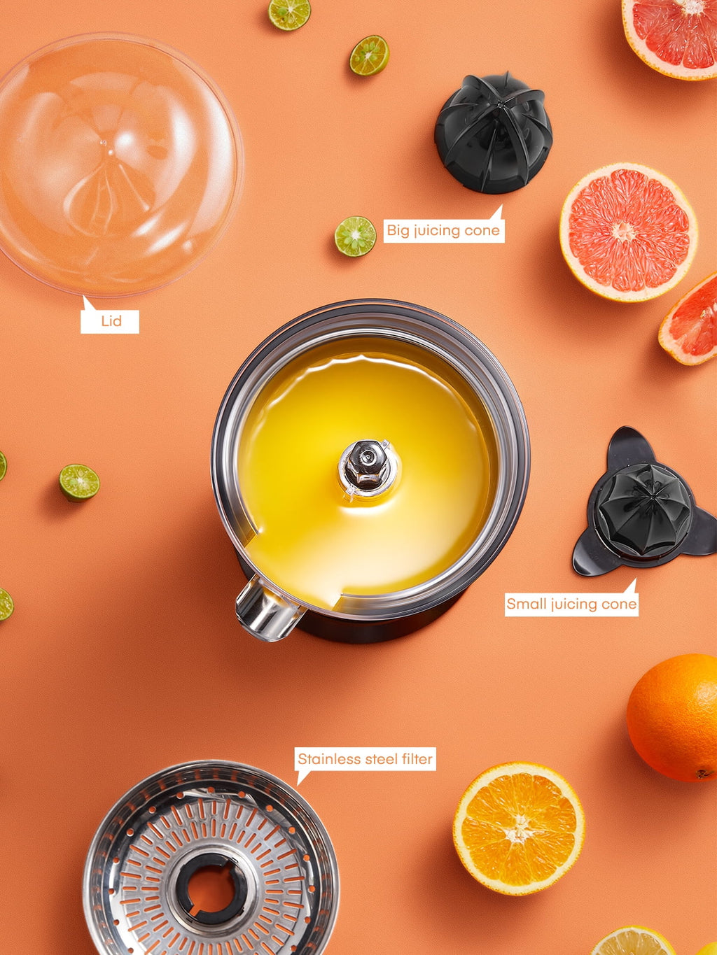 Electric Citrus Juicer, Orange Juicer Machine with 2 Size Cones, Stainless Steel Citrus Press Juicer for Orange Lemon