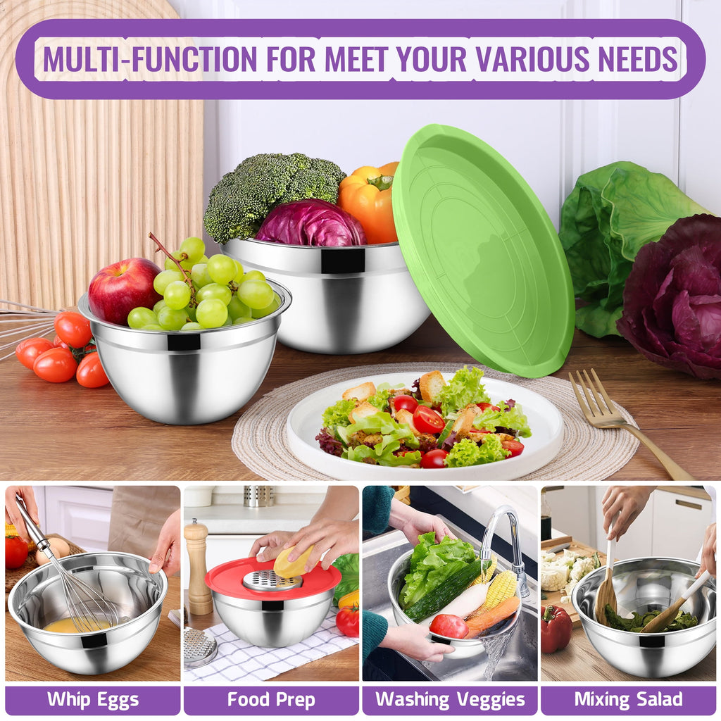 Mixing Bowls with Lids Set of 9, Vesteel Stainless Steel Mixing Bowls Metal Nesting Salad Bowls Attach with 3 Graters for Kitchen Grating/ Shredding, Size 4.6, 2.6, 2, 1.5, 1, 0.7 QT - Multi-Color