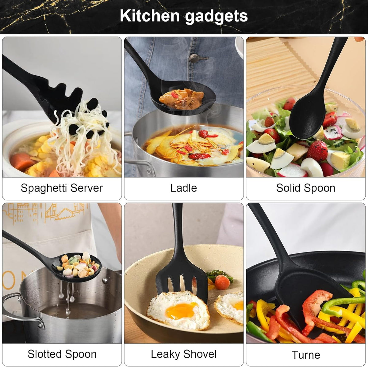 18PCS Silicone Cooking Utensils Set - 446°F Heat Resistant Kitchen Utensils,Turner Tongs,Spatula,Spoon,Brush,Whisk,Kitchen Utensil Gadgets Tools Set for Nonstick Cookware,Dishwasher Safe - Black