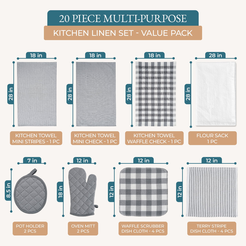 20 Piece Kitchen Towel Set - Cotton Dish Towels, Heat Resistant Kitchen Mittens and Pot Holder Set, Apron for Women with Pockets , Absorbent Dish Towels for Kitchen Drying - Olive