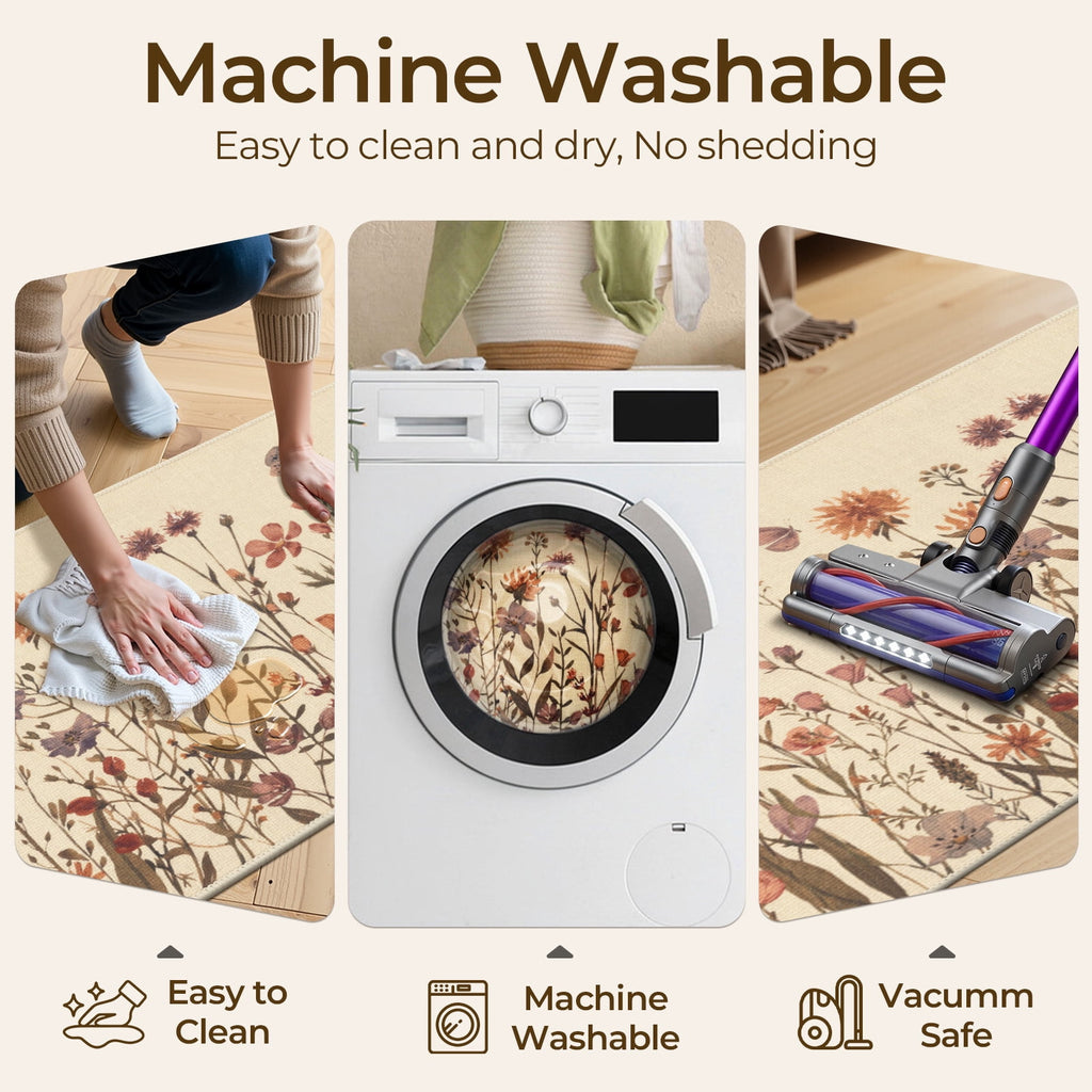 Findosom Floral Non-Slip Kitchen Rugs Set of 3,Washable Kitchen Mat Farmhouse Kitchen Floor Mats Runner for Home Sink Entrance Laundry Hallway,20"x32"+20"x47"+20"x59" Beige