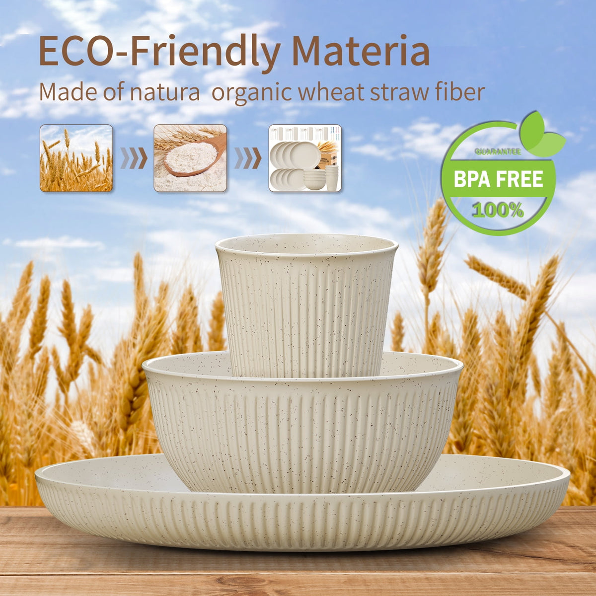 TINANA Wheat Straw Dinnerware Set, Service for 4, 48 PCS Unbreakable Plastic Plates and Bowls Sets, Dishwasher Microwave Safe, Black