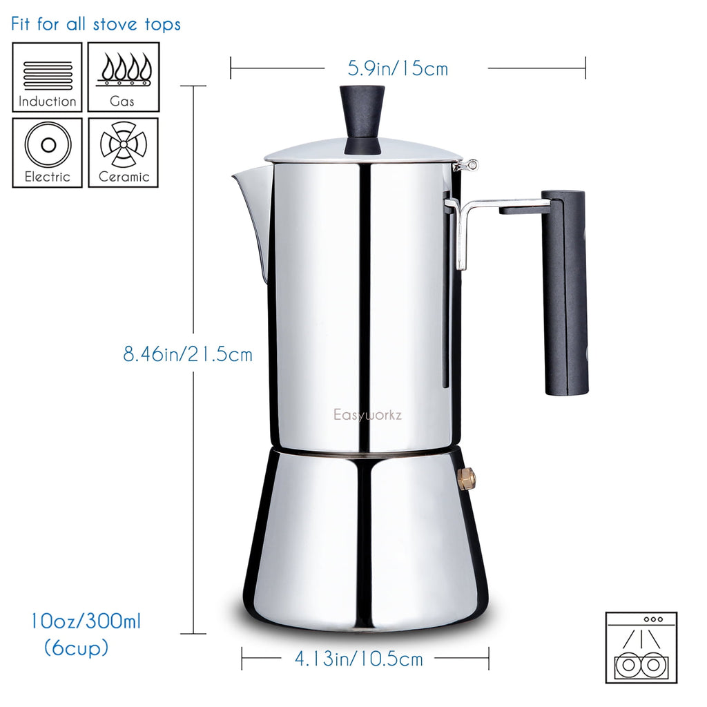 Easyworkz Pedro 6 Cup Stovetop Espresso Maker Stainless Steel Italian Coffee Maker Greca Moka Pot, 10 oz