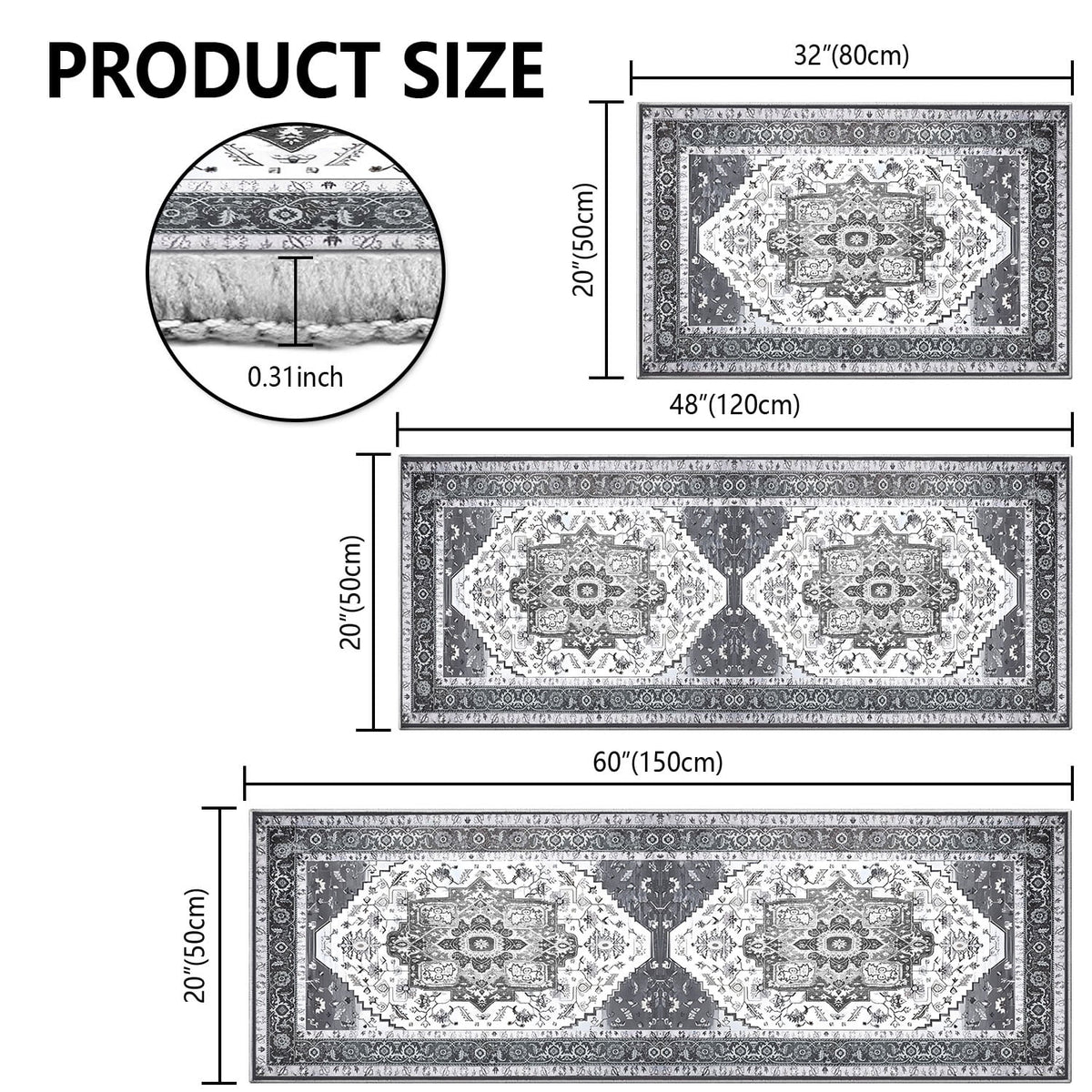 TECHVIDA Kitchen Rug Set 3 Piece,Non Slip Machine Washable Kitchen Mats, Farmhouse Hallway Doormat for Home Floor and Living Room,Gray