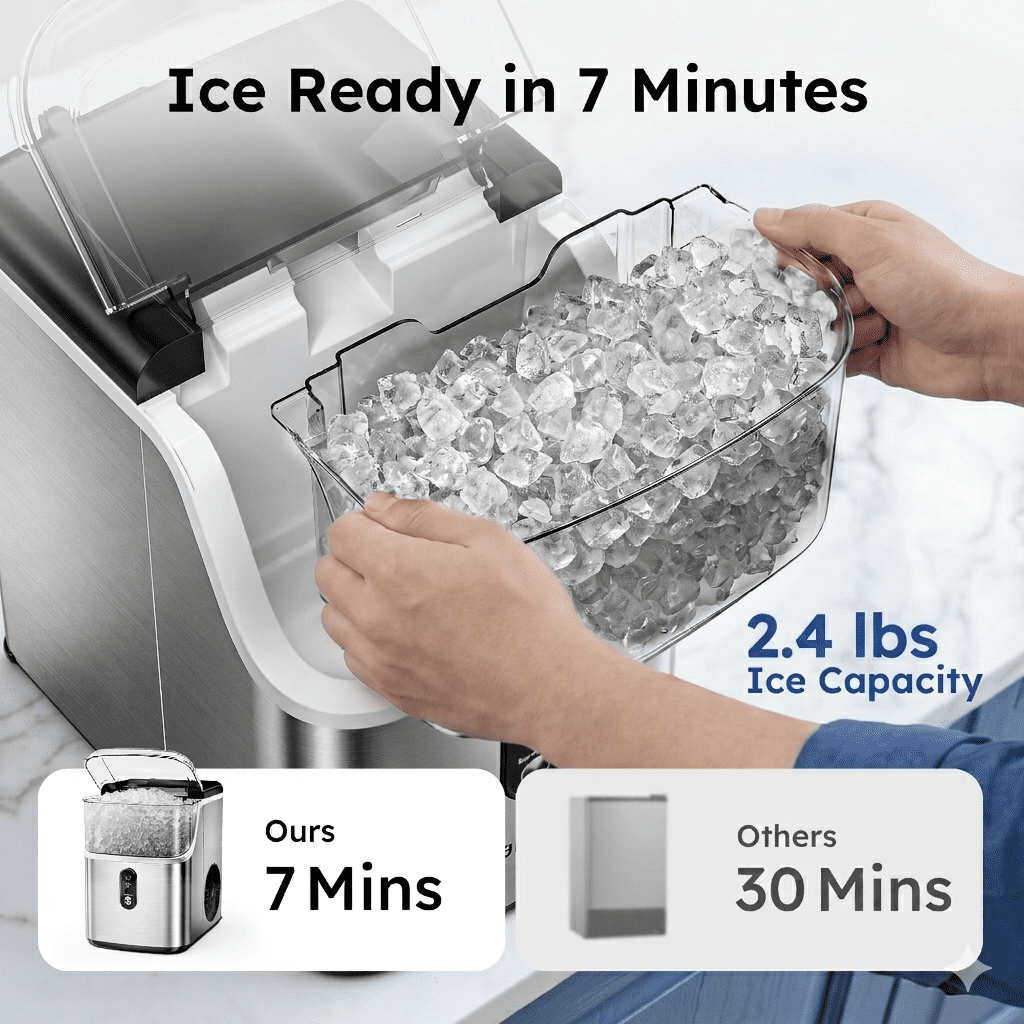 Simzlife Countertop Nugget Ice Maker, 35 Lbs/24H Portable Sonic Ice, Self-Cleaning Ice Machine, Chewable Pellet Ice, Stainless Steel