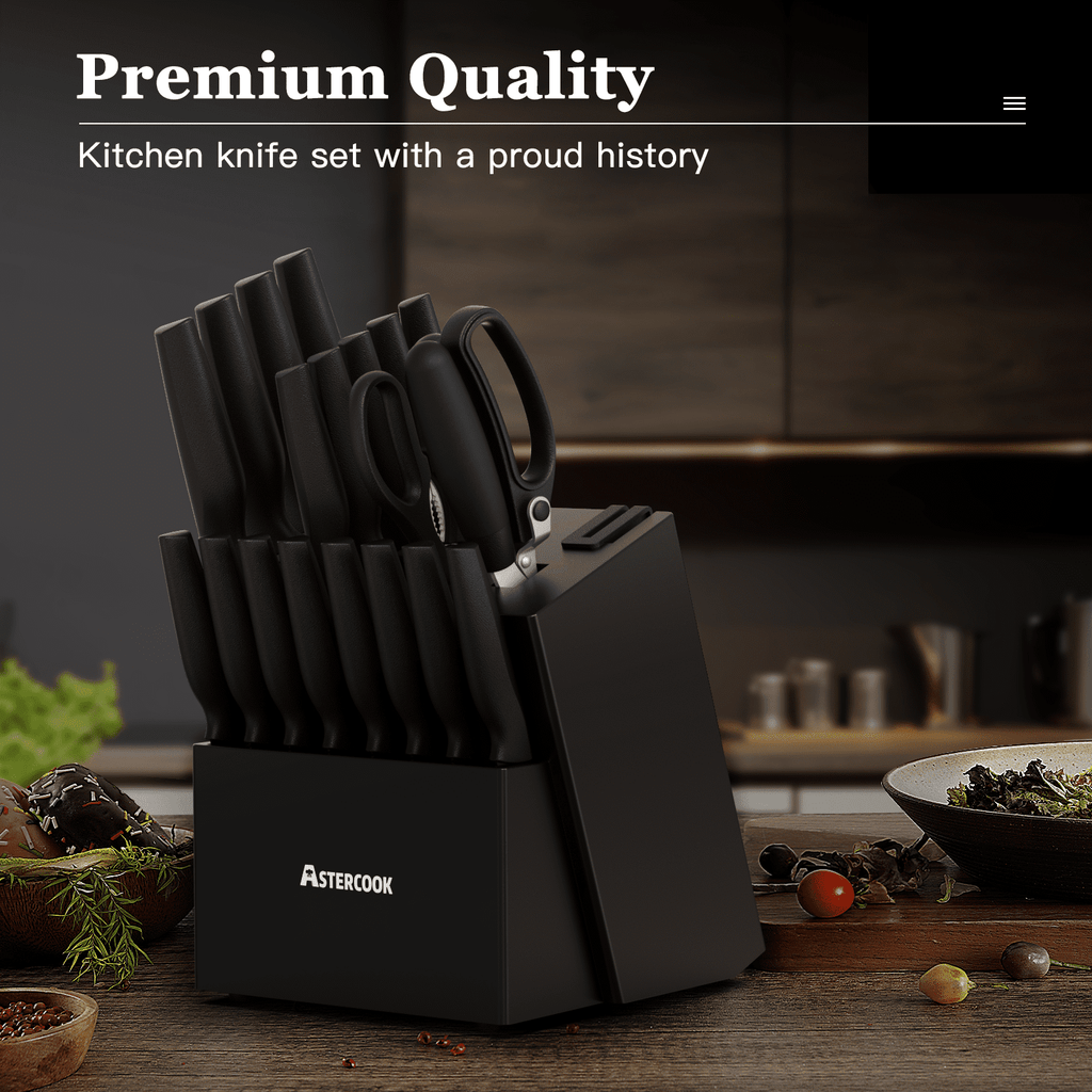 Astercook 20 Pieces Knife Set, Kitchen Knives Set with Built-in Sharpener, Healthy Anti-Rust Coating & German Stainless Steel Knife Block Sets, Dishwasher Safe Black