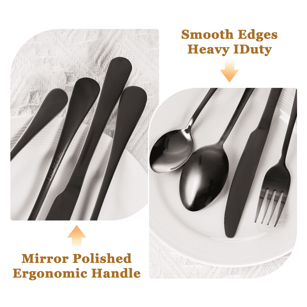 Astercook 25-Pieces Black Silverware Set with Steak Knives, Black Flatware Set for 4, Food-Grade Stainless Steel Tableware Cutlery Set, Eating Mirror Polished Utensil Set for Home Restaurant