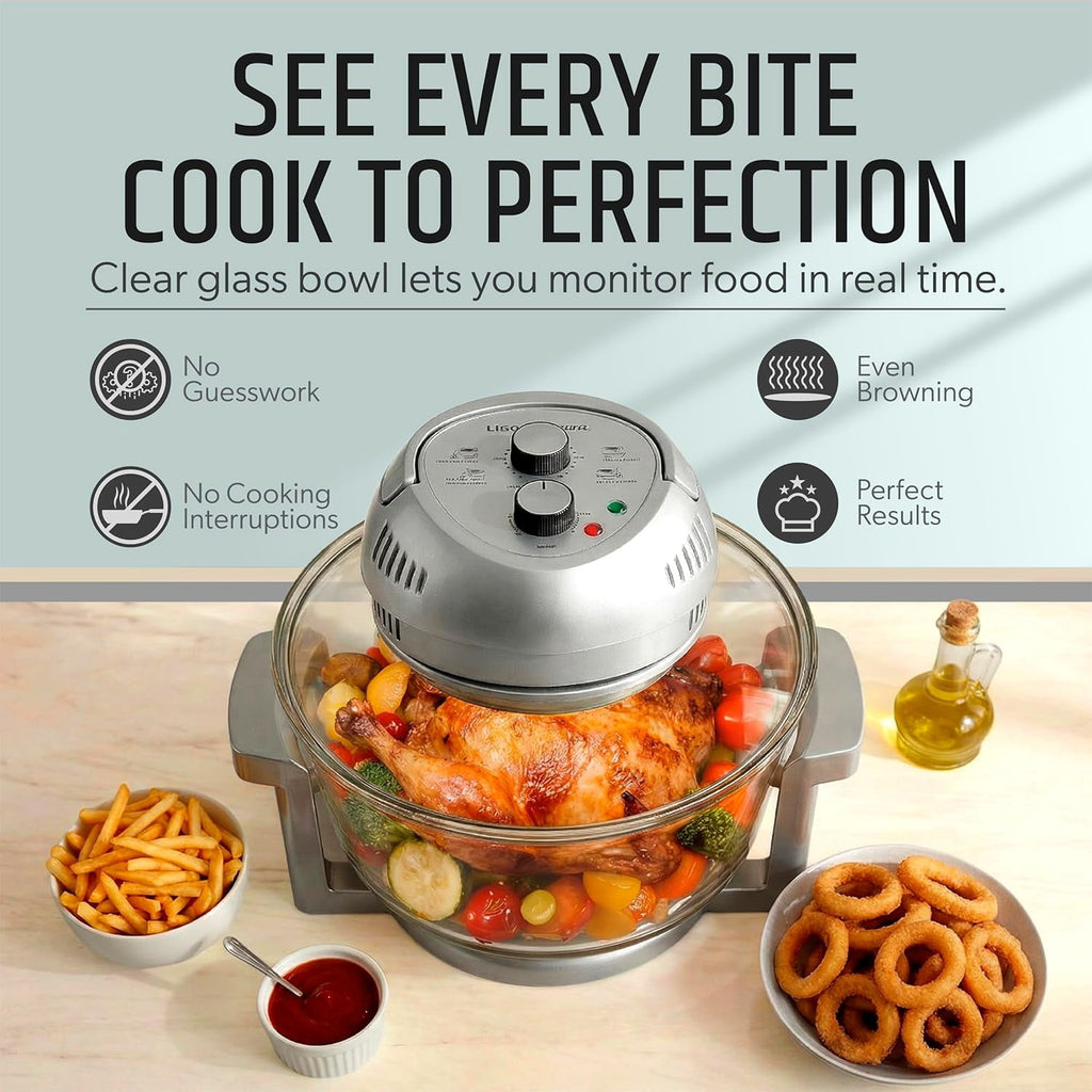 Granitestone 16Qt Large Glass Air Fryer Non Toxic – Family Sized Airfryer Cooker with 3 Cooking Levels, Stainless Steel Racks, Chicken, No Preheat, Self Cleaning, Dishwasher Safe, White