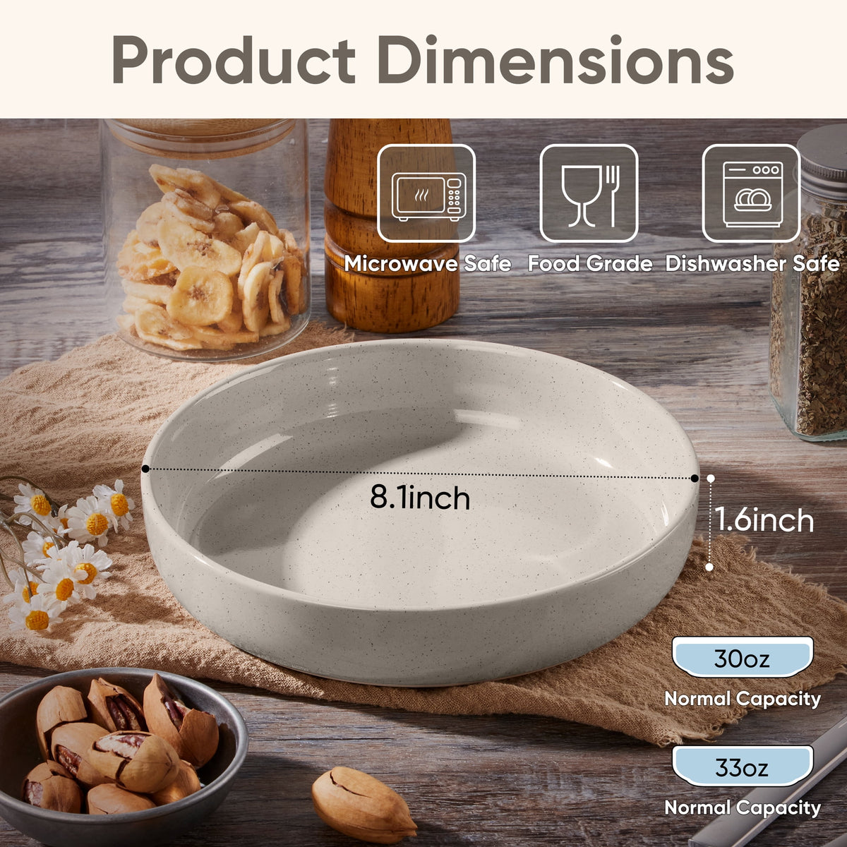 Vesteel Pasta Bowls Set of 6, 32oz Large Salad Bowl for Home Kitchen, Ceramic Serving Plates for Soup, Cereal, Fruits, Microwave & Dishwasher Safe, Speckled White
