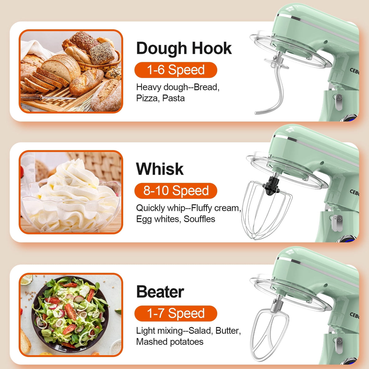 CEBORY 3-IN-1 Stand Mixer, 6.5 QT Tilt-Head 10-Speed Food Mixer, Kitchen Electric Mixer with Dough Hook, Beater, Whisk, Bowl for Most Home Cooks