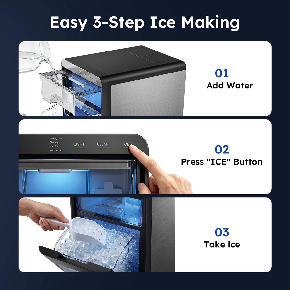 Simzlife Nugget Ice Maker Countertop, 44 lbs/24H, Soft Chewable Sonic-Style Pebble Ice machine, One-Touch Self-Cleaning, Stainless Steel Black
