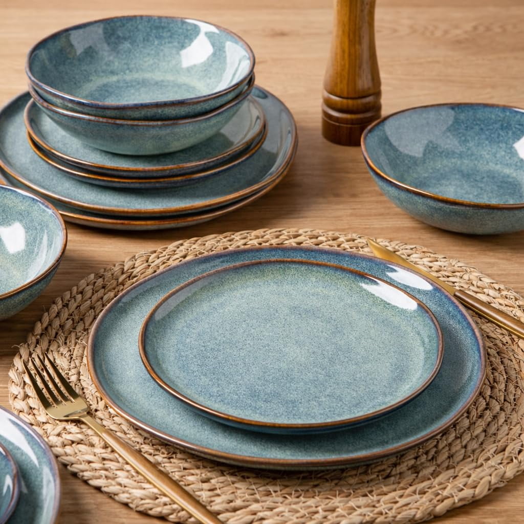 AmorArc Ceramic Dinnerware Sets,Handmade Reactive Glaze Stoneware Plates and Bowls Sets,Highly Chip and Crack Resistant | Dishwasher & Microwave Safe Dishes Set,Service for 4 Set(12pc),Reactive Glaze