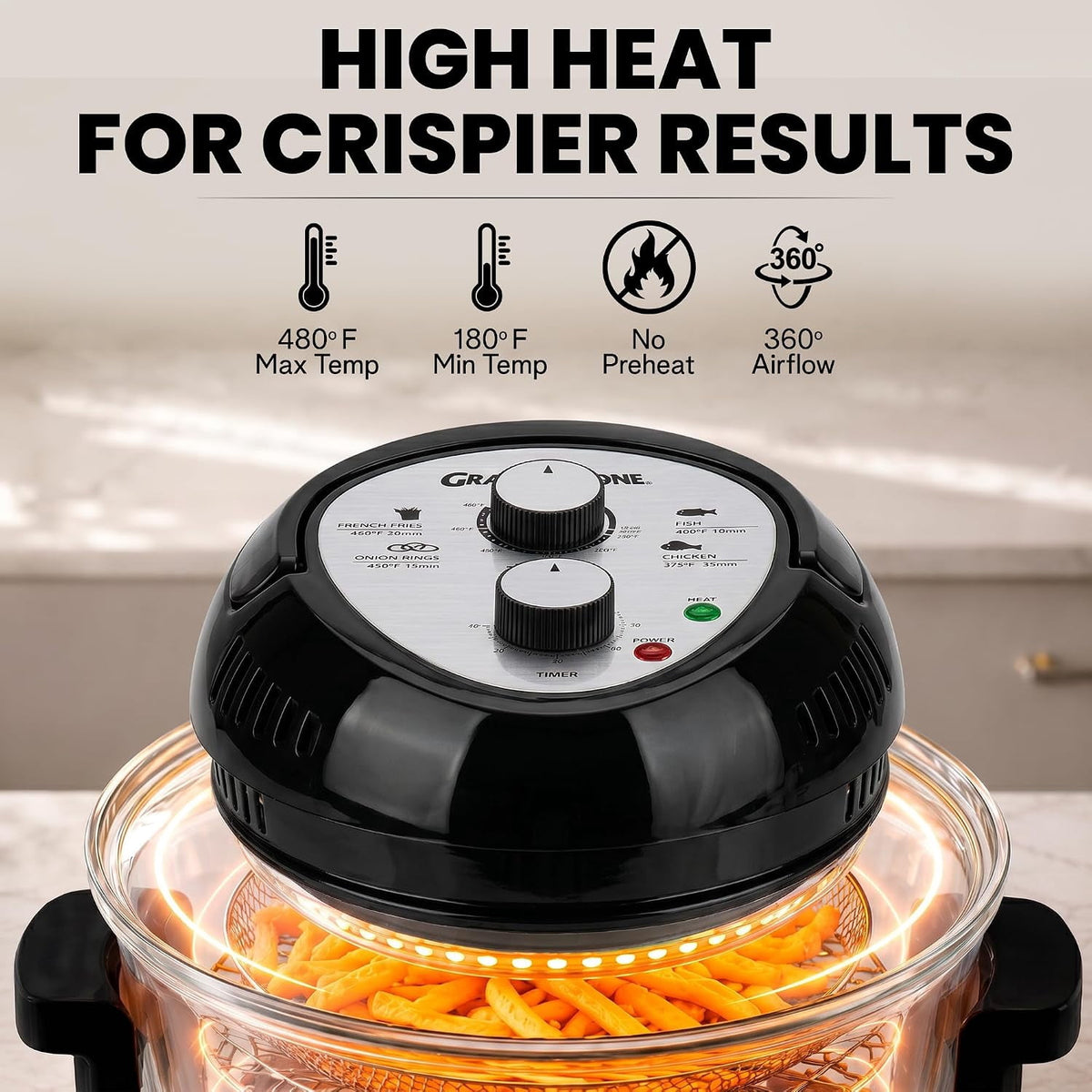 Granitestone 16Qt Large Glass Air Fryer Non Toxic – Family Sized Airfryer Cooker with 3 Cooking Levels, Stainless Steel Racks, Chicken, No Preheat, Self Cleaning, Dishwasher Safe, White