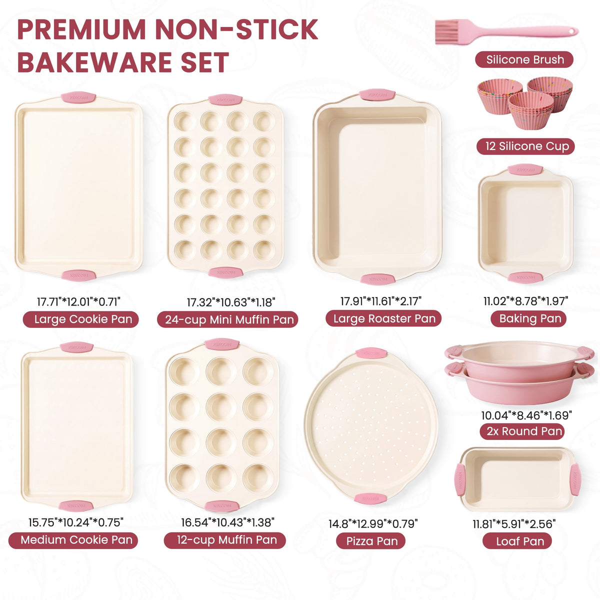 Kikcoin Bakeware Set, 21-Piece Baking Pans Set Kitchen Carbon Steel Baking Sheet Pans with Silicone Handles, Cookie Sheets Nonstick(Beige)