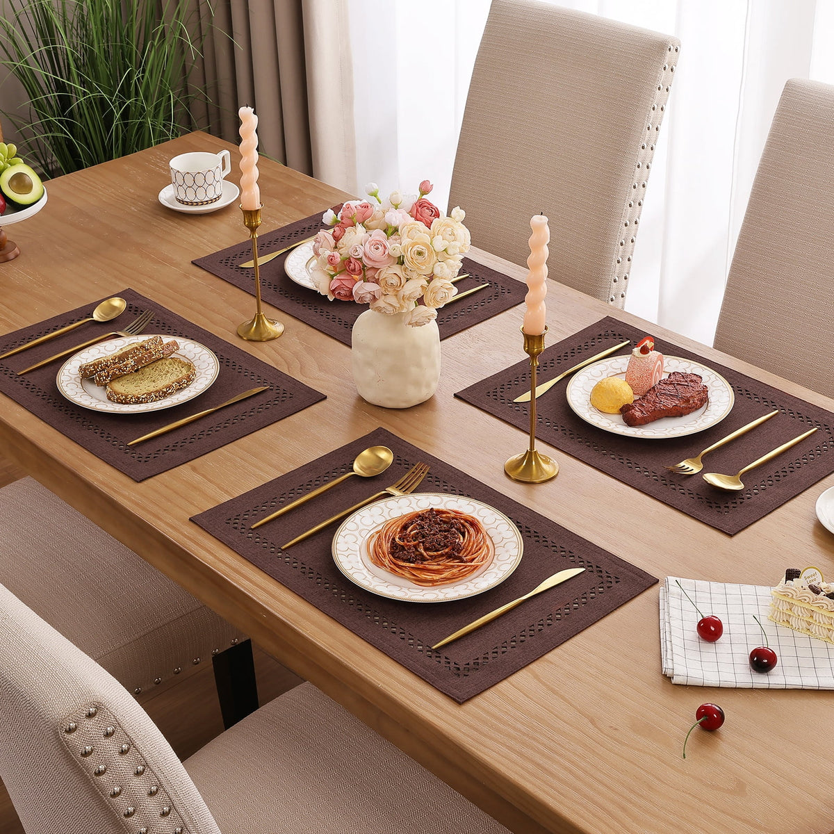 Placemats Set of 4, Yamaziot Double Layer Cloth Fabric Heat Resistant Place Mat, Washable Reversible Rectangle Dining Table Mats, Hollow Khaki, 12"x18"