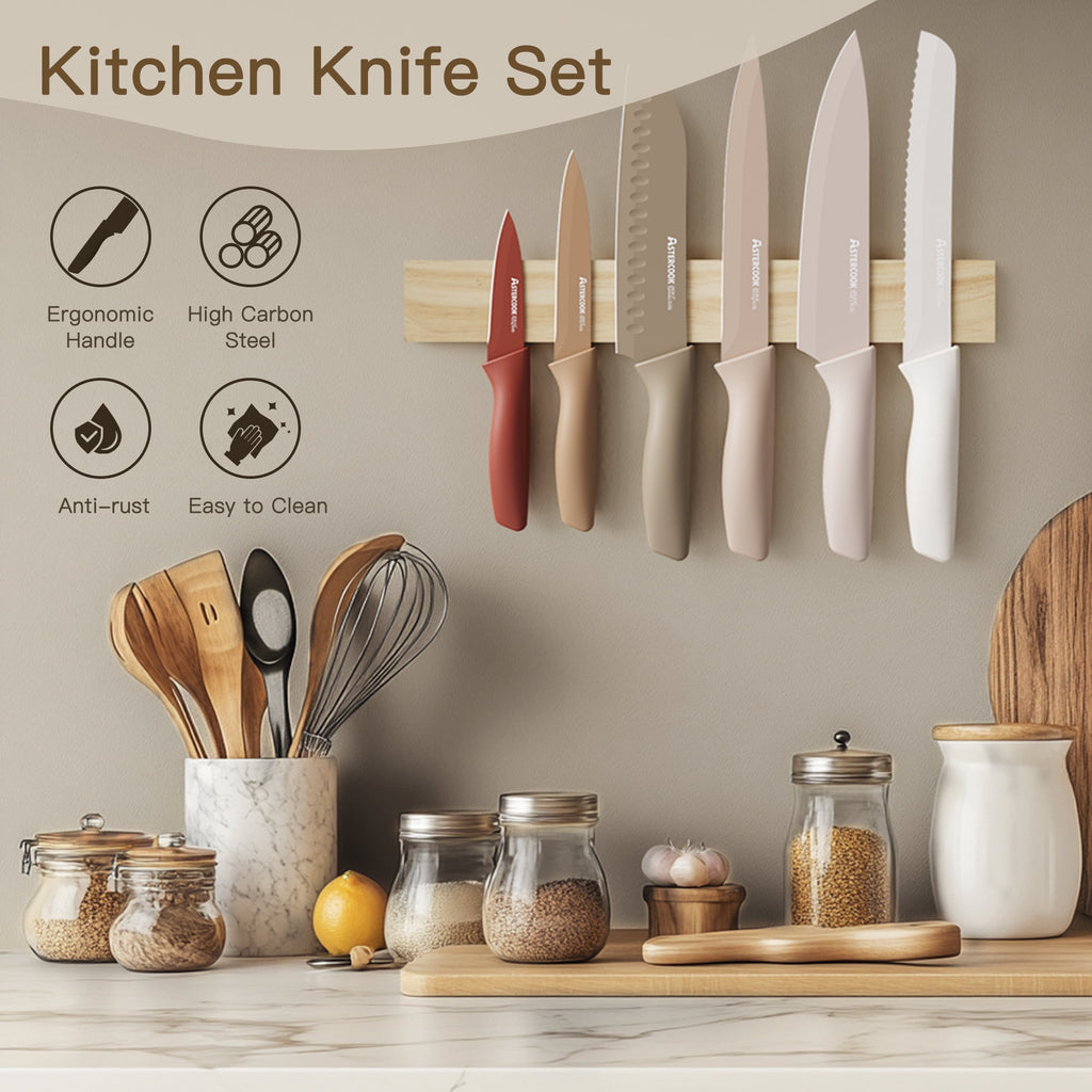 Astercook 6 Piece Flower Kitchen Knife Set, German High Carbon Stainless Steel Knives Sets with 6 Blade Guards Dishwasher Safe, Perfect Gifts for Kitchen