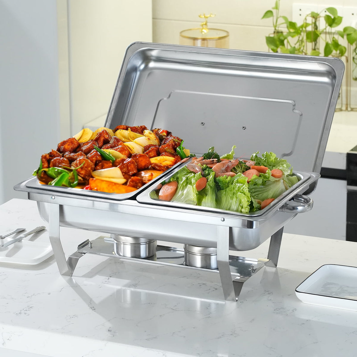Jacgood 5 Pack Chafing Dish Buffet Set 8Qt. Foldable Rectangular Chafer Set, Stainless Steel Catering Warmer Set W/Full Size Water Pan, Food Pan, Fuel Holder for Cooked Food Insulation