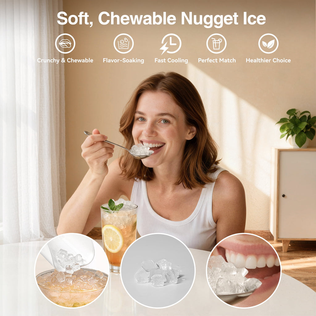 Goosiay 33lb Nugget Ice Maker Countertop, Portable Pebble Ice Machine with Handle, Soft Chewable Pellet, Stainless Steel Black