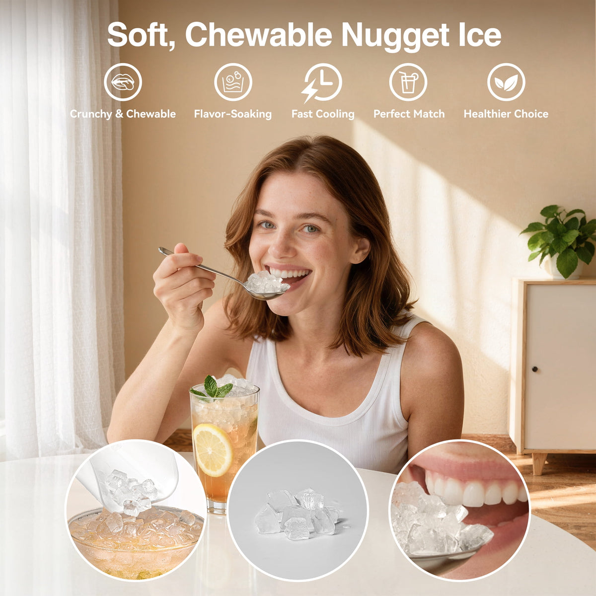 Goosiay 33lb Nugget Ice Maker Countertop, Portable Pebble Ice Machine with Handle, Soft Chewable Pellet, Stainless Steel Black