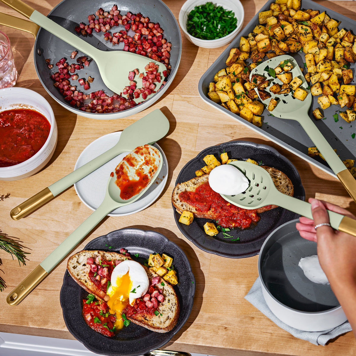Beautiful 6-Piece Silicone Kitchen Tool Set with Ceramic Crock, Chocolate by Drew Barrymore