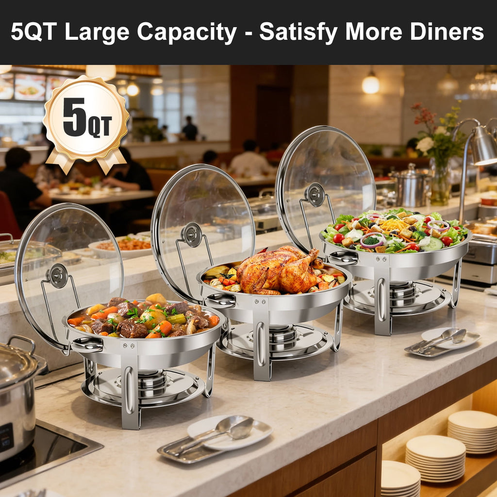Bluebow 4 pack Chafing Dish Buffet Set, 5QT Stainless Steel Food Warmer, Chafing Dish for Buffet with Glass Lid & Holder for Party, Wedding, Catering