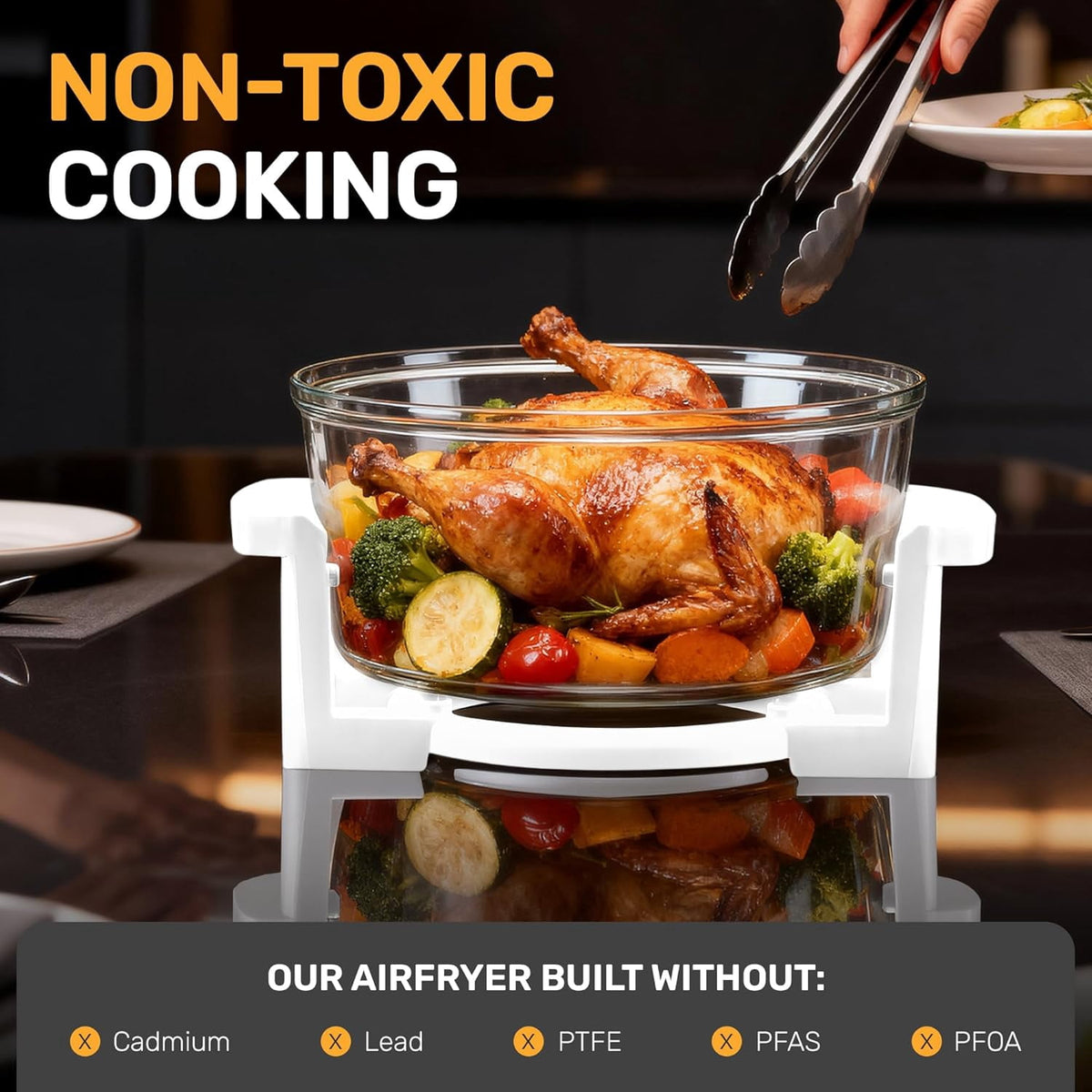 Granitestone 16Qt Large Glass Air Fryer Non Toxic – Family Sized Airfryer Cooker with 3 Cooking Levels, Stainless Steel Racks, Chicken, No Preheat, Self Cleaning, Dishwasher Safe, White