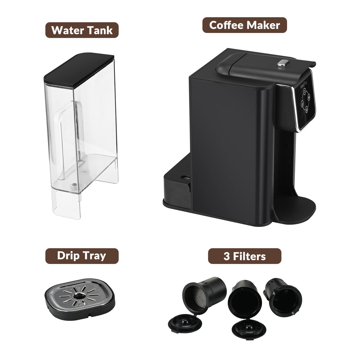 Mecity Coffee Maker 3 in 1 Single Serve Coffee Machine, Compatible with K cup Capsules, Instant Coffee Pot, Tea maker, 6,8,10 Oz Cup, Removable 50 Oz Water Reservoir, 120V 1150W, Black