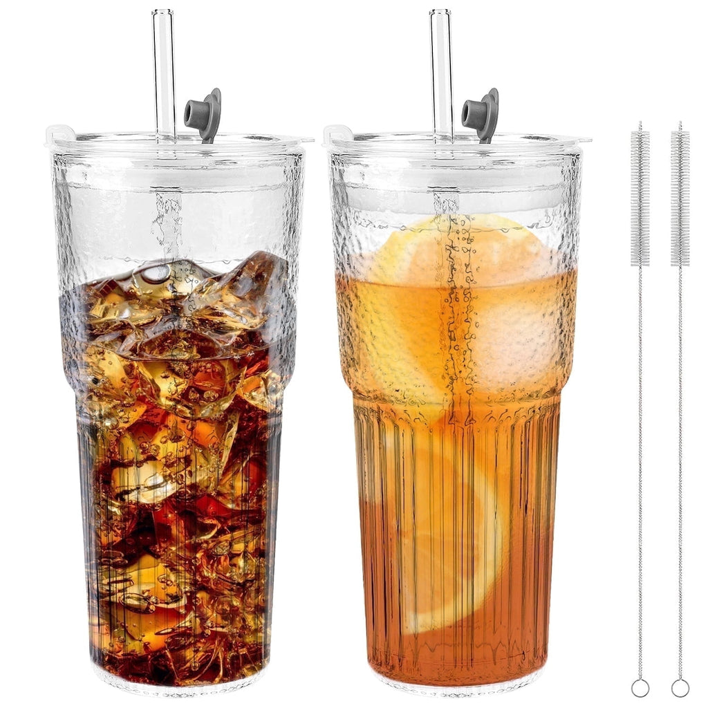 2 Piece 20 oz Glass Cups with Lid and Straw,High Borosilicate Tumbler, Iced Coffee Cup, Beer Glasses,Water Smoothie,Clear