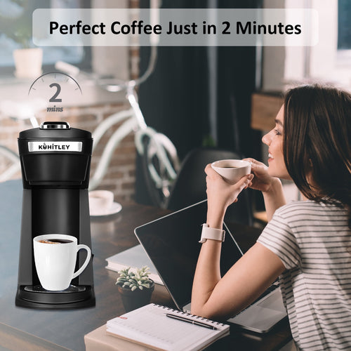 2 in 1 Single Serve Coffee Maker for K Cup Pods & Ground Coffee, Mini K Cup Coffee Machine with 6 to 14 oz Brew Sizes, Single Cup Coffee Brewer with One-Press Fast Brewing, Reusable Filters,Black