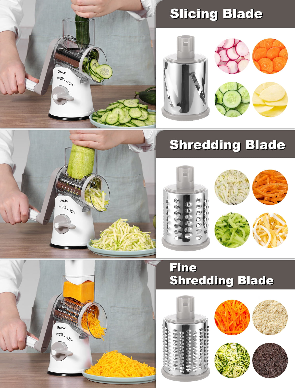 Geedel Rotary Cheese Grater, Kitchen Grater with Strong Suction Base, Dishwasher Safe, Easy to Clean Grater for Cheese,Vegetable, Nuts (3 Blades)