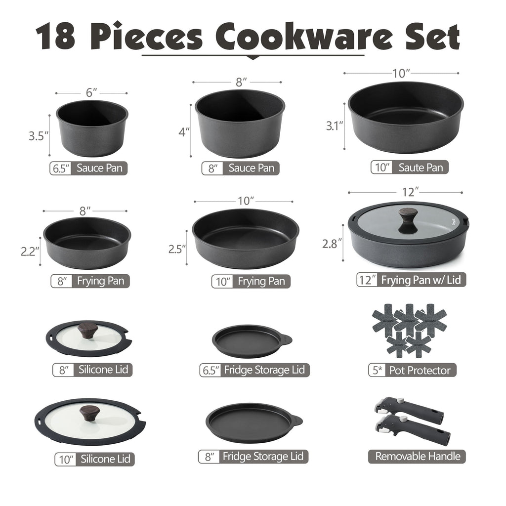 SENSARTE 18-Piece Ceramic Cookware Set with Detachable Handle, Gray Nonstick Pots and Pans Set, Induction Compatible, Dishwasher/Oven Safe, Healthy Cooking Set for RV & Camping