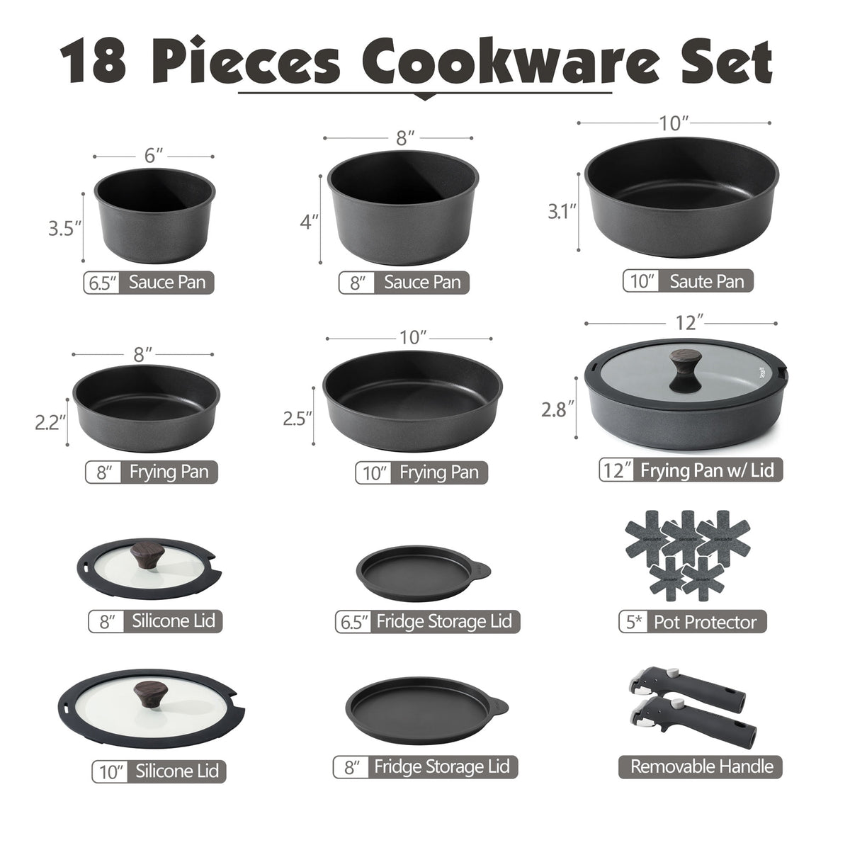 SENSARTE 18-Piece Ceramic Cookware Set with Detachable Handle, Gray Nonstick Pots and Pans Set, Induction Compatible, Dishwasher/Oven Safe, Healthy Cooking Set for RV & Camping