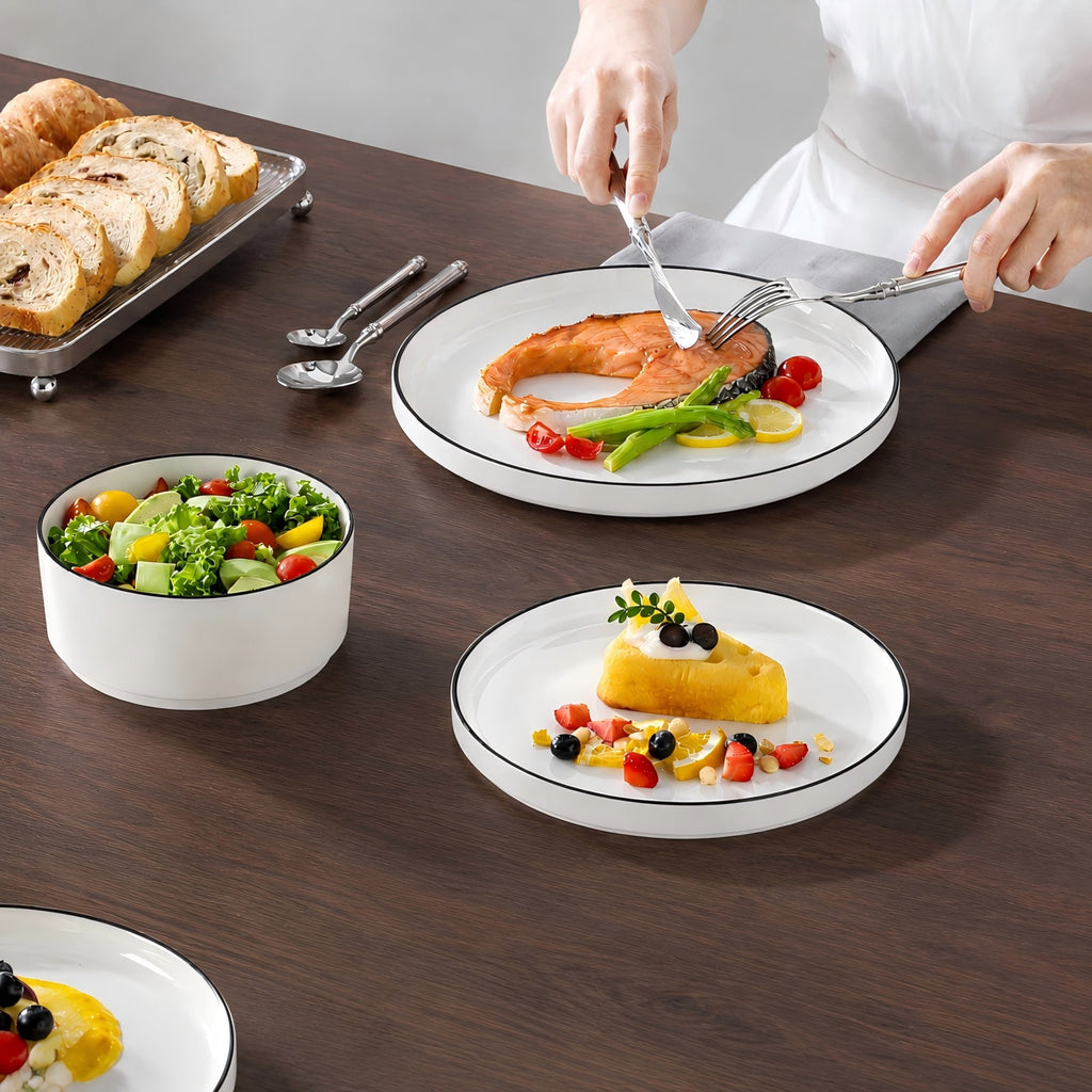 Vancasso 12 Pcs Dinnerware Sets, Plates and Bowls Set for 4, Ceramic Dinner Set, Scratch Resistant, White