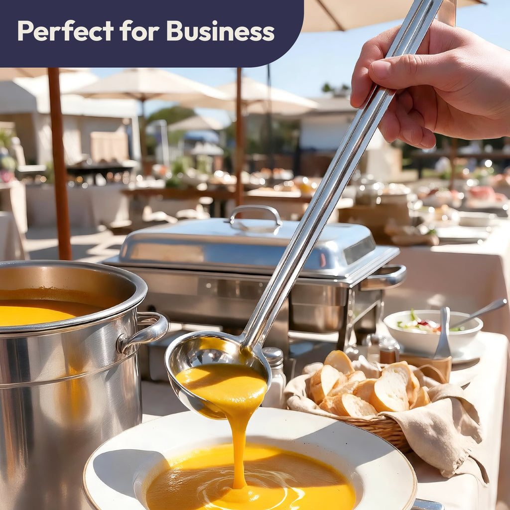 [2 Pack] 6 Oz Stainless Steel Soup Ladle - One-Piece Sauce Spatula with Hook Handles, Commercial Grade Serving Spoon, Kitchen Tool for Restaurant or Home Cooking, Mirror Finish, 14.25" Long
