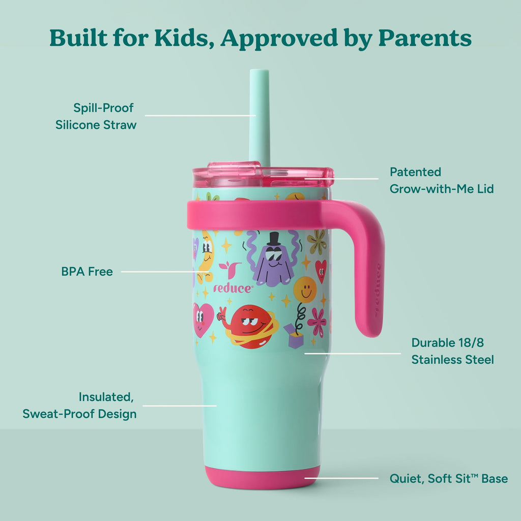 Reduce Coldee Kids Insulated Tumbler with Straw, 18oz Stainless Steel Spill-Proof Cup with Handle, Smiles