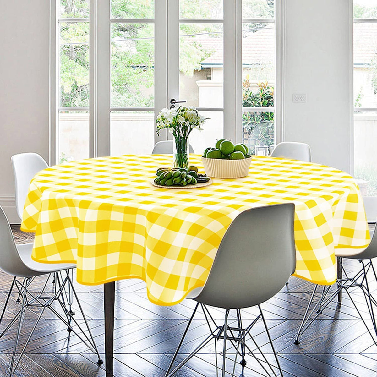 Hiasan Checkered Round Tablecloth 60 Inch - Waterproof Stain and Wrinkle Resistant Washable Fabric Table Cloth for Dining Room Party Outdoor Picnic, Black and White