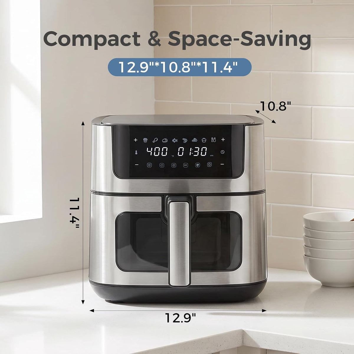 Air Fryer, 6-Quart Smart Air Fryer, 12-in-1 Functions - Air Fry, Roast, Reheat, Dehydrate, Bake, Steam, and More, 400Â°F Max Temperature, Grey