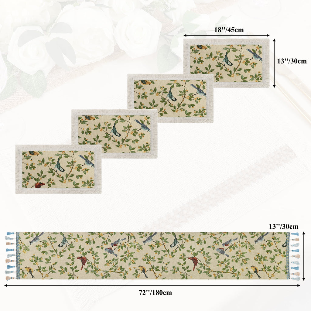 MeyJey Table Runner and Placemats Set of 4, Washable Fabric Rectangle Dining Table Mats with Tassels for Dining Tables, Kitchen, Red/Beige