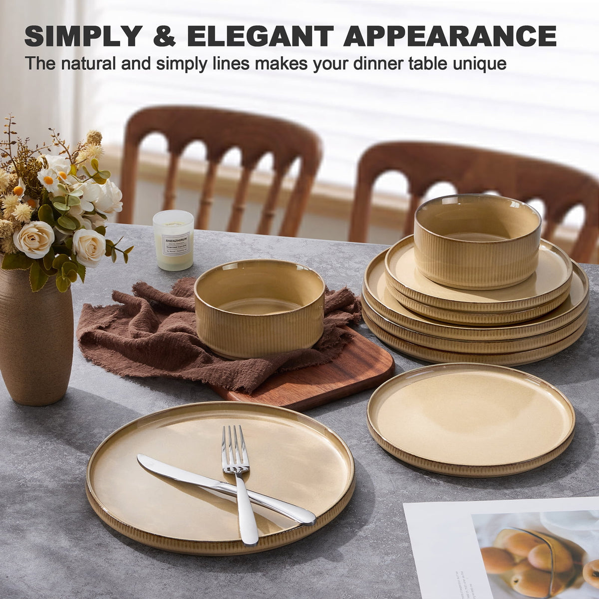 Vesteel 12 Pieces Dinnerware Set for 4, Premium Stoneware Ribbed Dishes, Chip & Scratch Resistant Plates and Bowls Set for Home Restaurant, Microwave and Dishwasher Safe - Speckled White