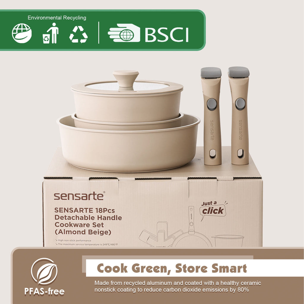 SENSARTE 18-Piece Ceramic Cookware Set with Detachable Handle, Gray Nonstick Pots and Pans Set, Induction Compatible, Dishwasher/Oven Safe, Healthy Cooking Set for RV & Camping
