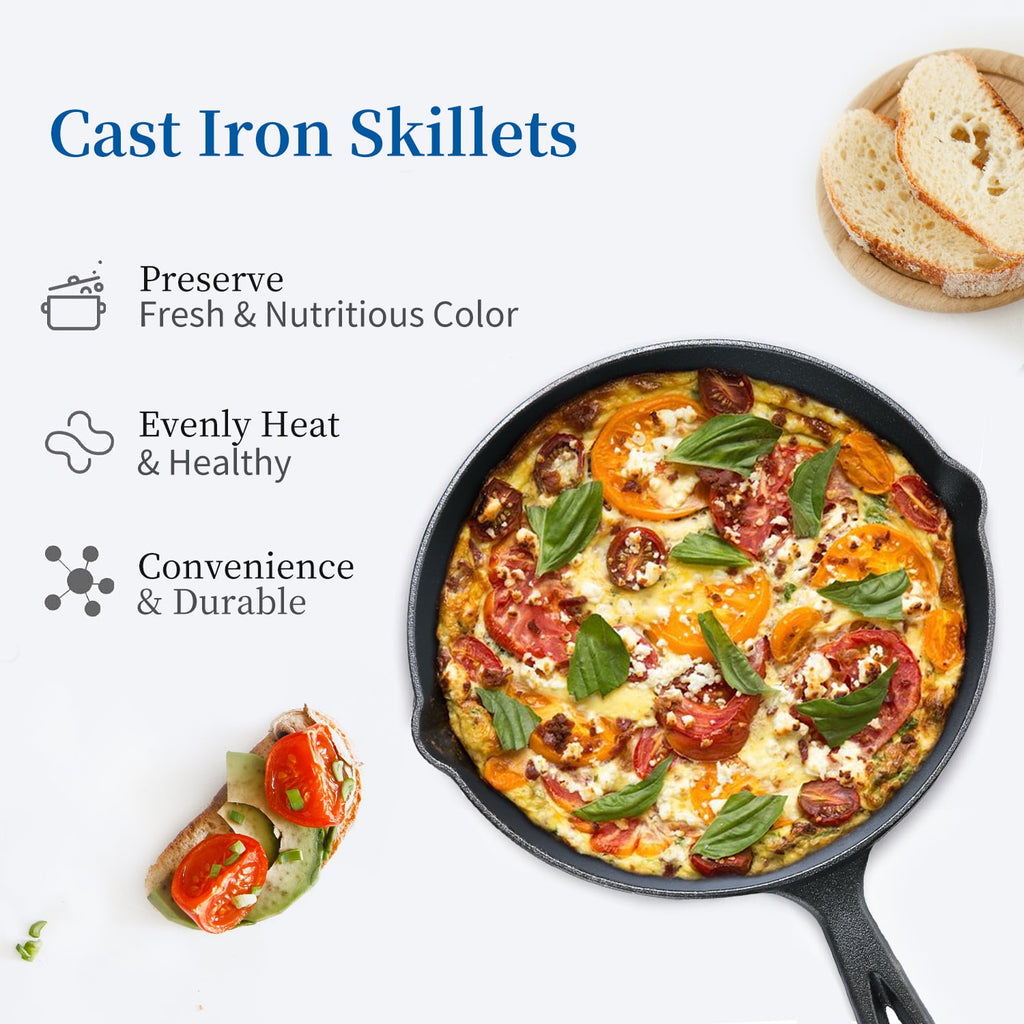 TINANA 10 inch Pre-Seasoned Cast Iron Skillet with Handle and Dual-Use Insulating Pad