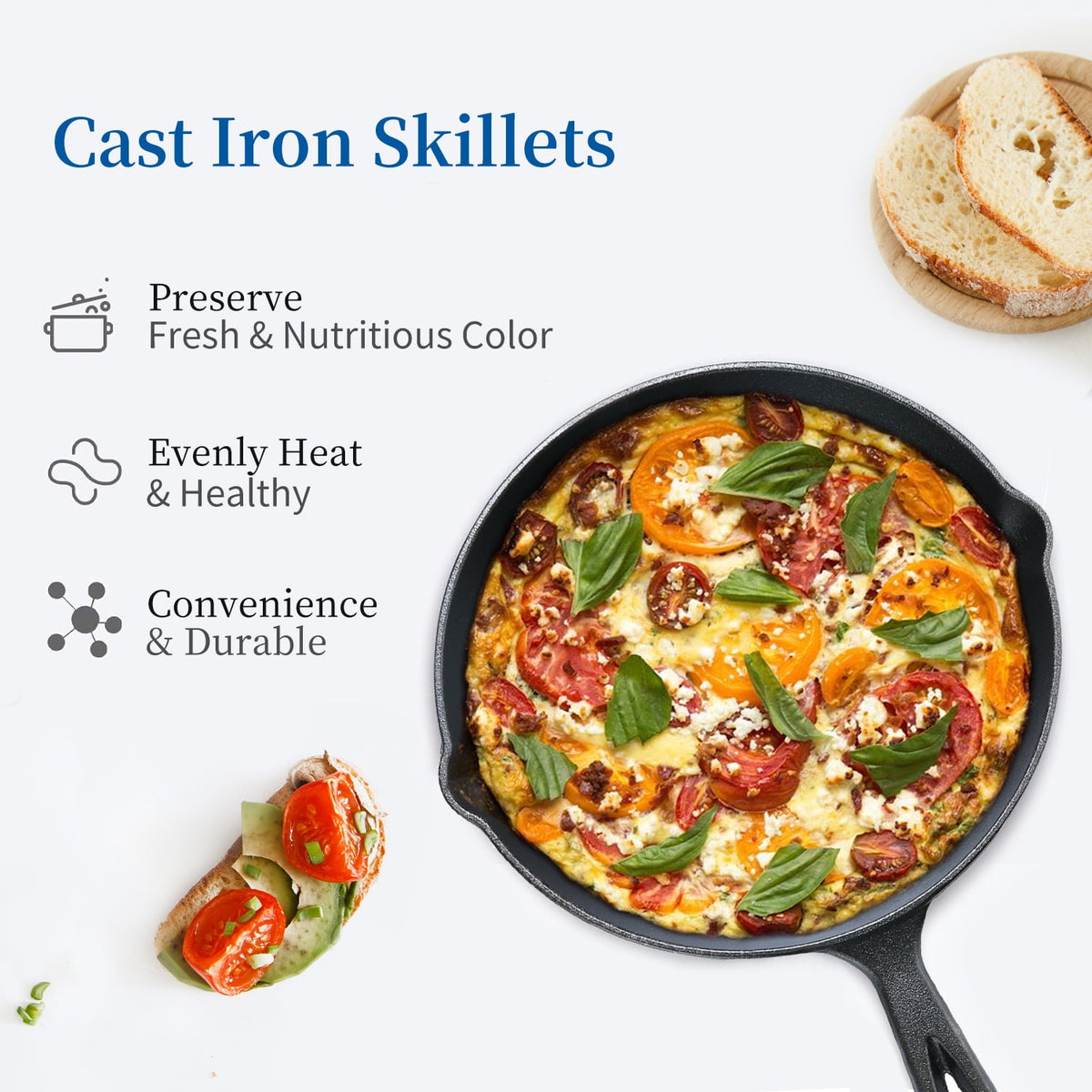 TINANA 10 inch Pre-Seasoned Cast Iron Skillet with Handle and Dual-Use Insulating Pad